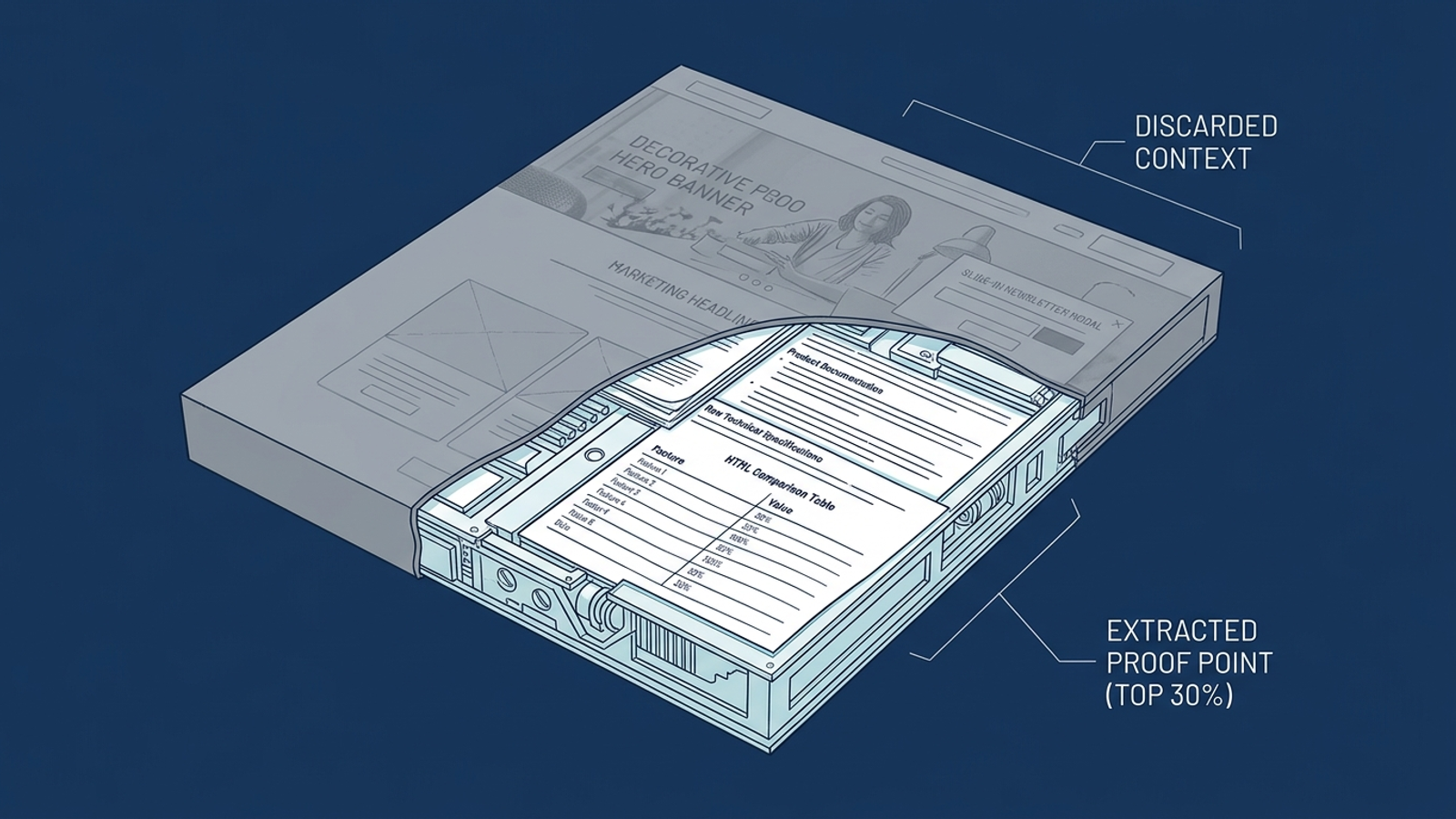 Webpage cross-section showing an AI engine extracting documentation while passing over banners and pop-ups.